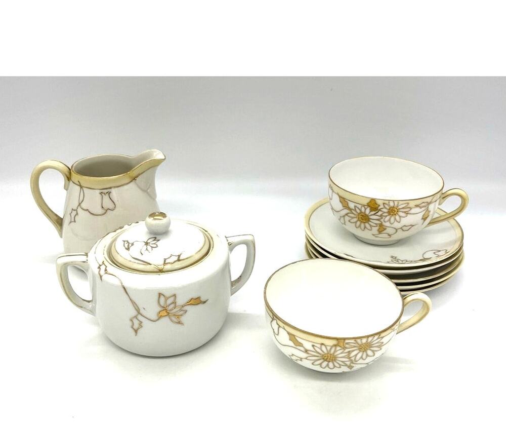Vintage Nippon Hand Painted Lot of 2 Tea Cups 5 Saucers Creamer & Sugar Bowl